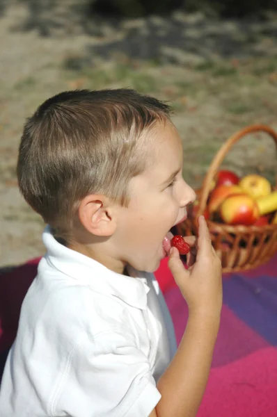 男孩吃水果 — 图库照片