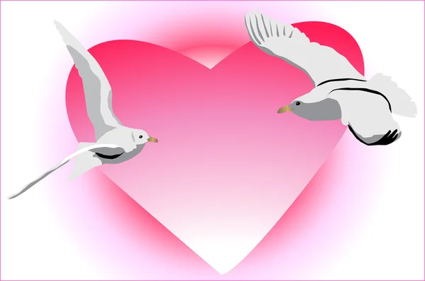 Fåglar som flyger på en bakgrund av hjärtat — Stock vektor