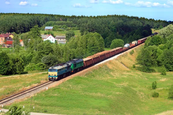 Летний пейзаж с грузовым поездом — стоковое фото