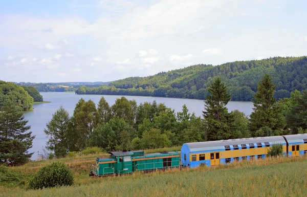 Landscape with the train, village and la — Stock Photo, Image