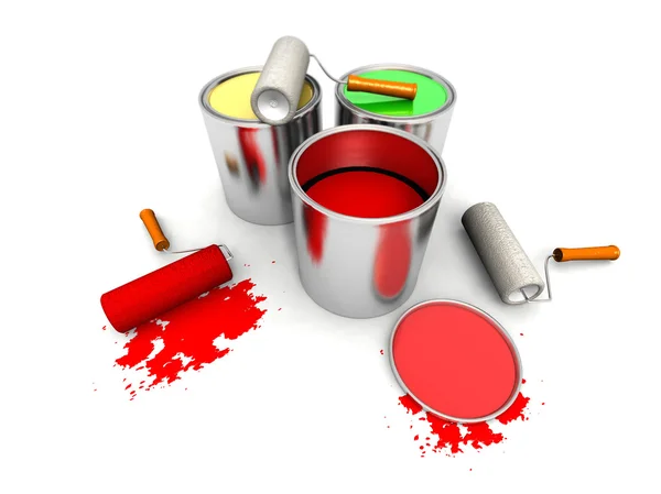 Rodar pintores, latas de color y salpicaduras — Foto de Stock