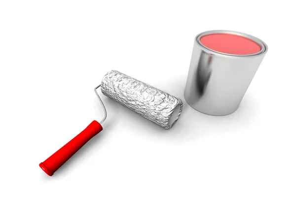 Rodillo de pintura y lata roja — Foto de Stock