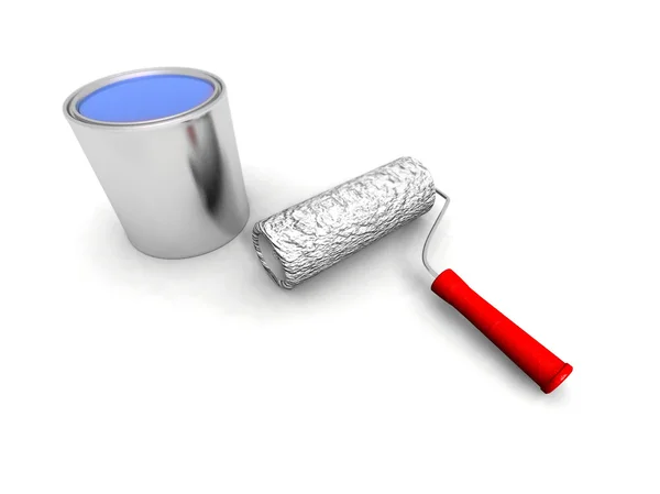 Roll painter and blue can — Stock Photo, Image