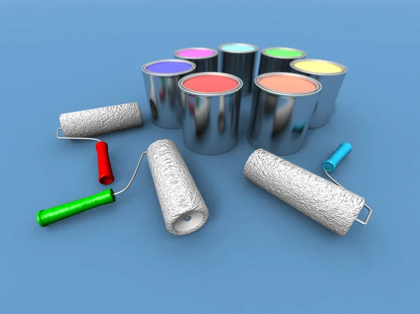 Roll painters and color cans — Stock Photo, Image