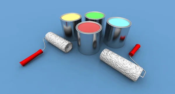 Roll painters and color cans — Stock Photo, Image