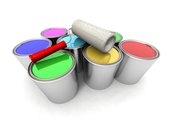 Rolo pintor e latas de cor — Fotografia de Stock