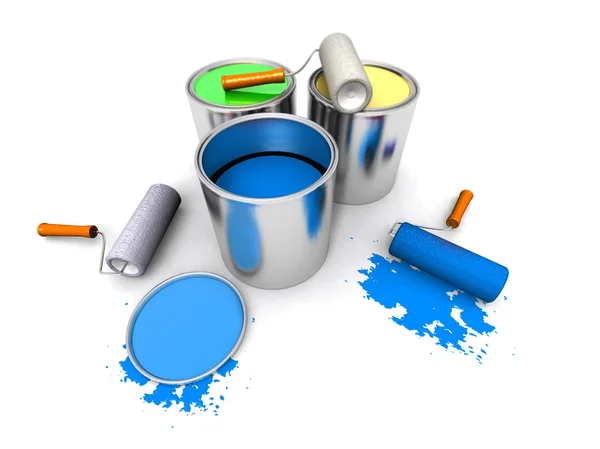 Rodar pintores, latas de color y salpicaduras —  Fotos de Stock