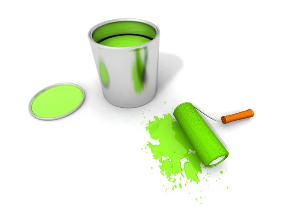 Rodillo de pintura, lata de pintura verde y salpicaduras —  Fotos de Stock