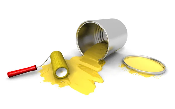 Rolo de pintura, lata amarela e espirrar — Fotografia de Stock