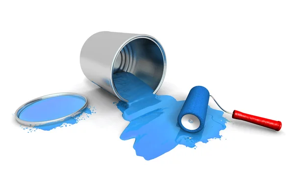 Rolo de pintura, lata azul e espirrar — Fotografia de Stock