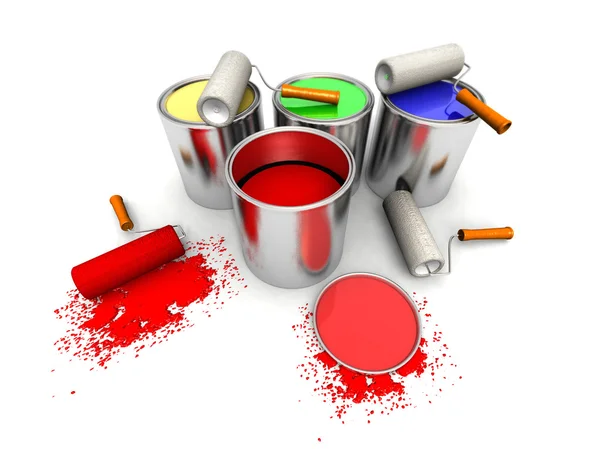 Pintores de rolo, latas de cor e salpicos — Fotografia de Stock
