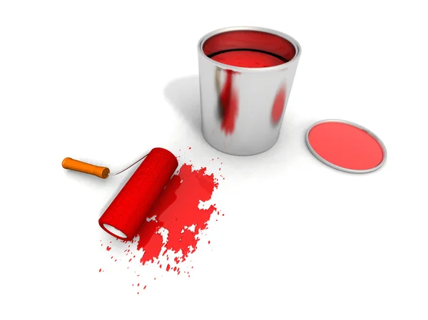 Rolo de pintura, lata de tinta vermelha e splashin — Fotografia de Stock