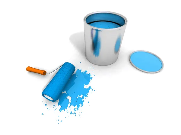 Rolo de pintura, lata de tinta azul e splashi — Fotografia de Stock