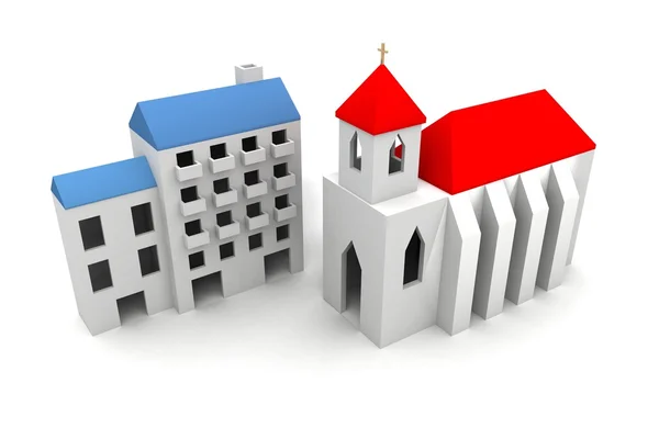 Dorpswoningen en kerk — Stockfoto