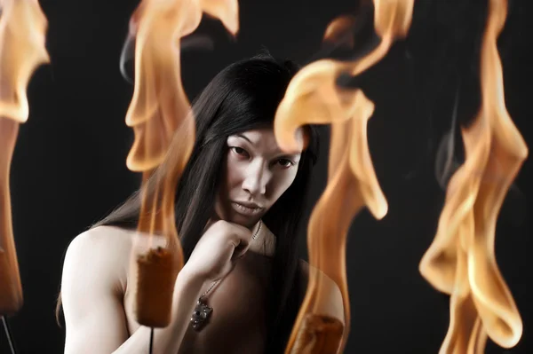stock image Portrait of asian man with fire