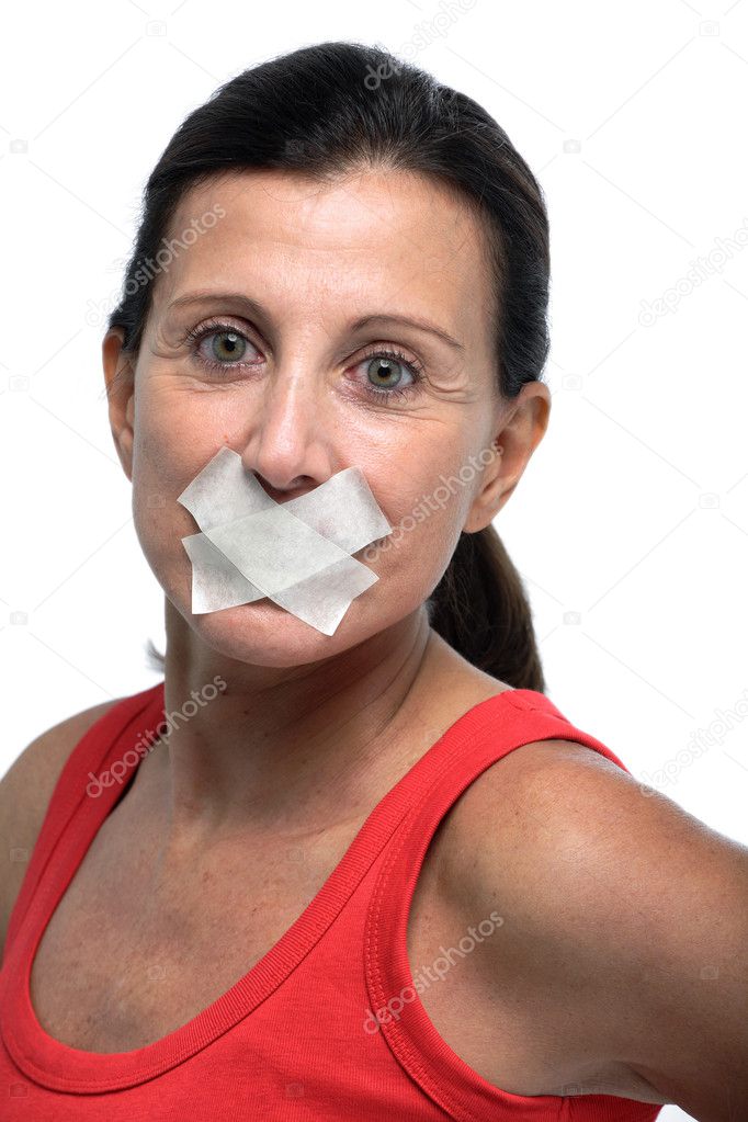 Woman with mouth taped closed