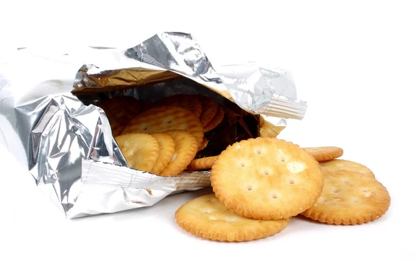 Salted crakers with silver bag — Stock Photo, Image