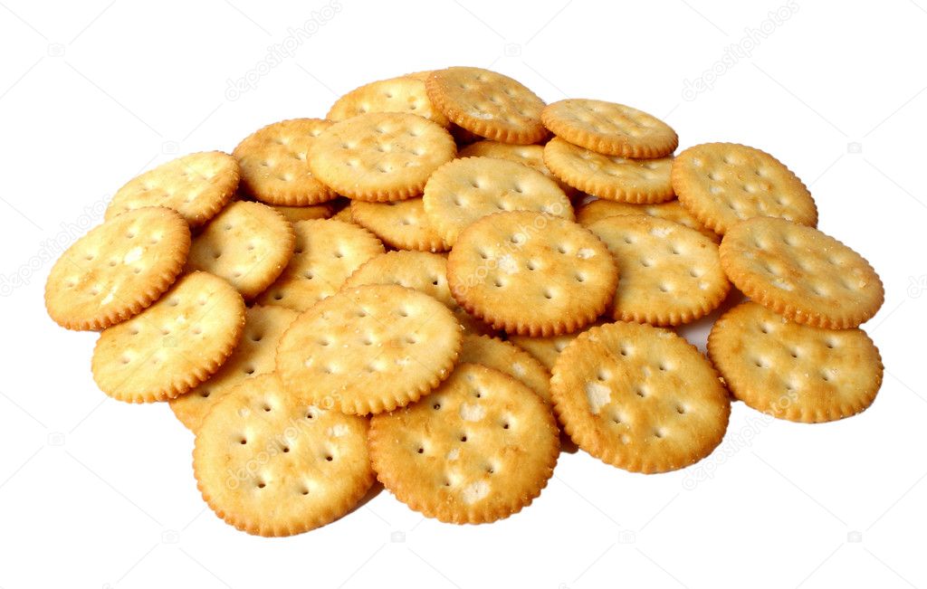A bunch of round salted crackers
