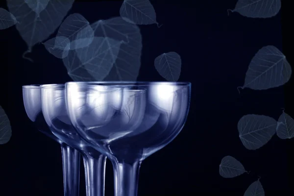 Calici di vetro su champagne e foglie — Foto Stock
