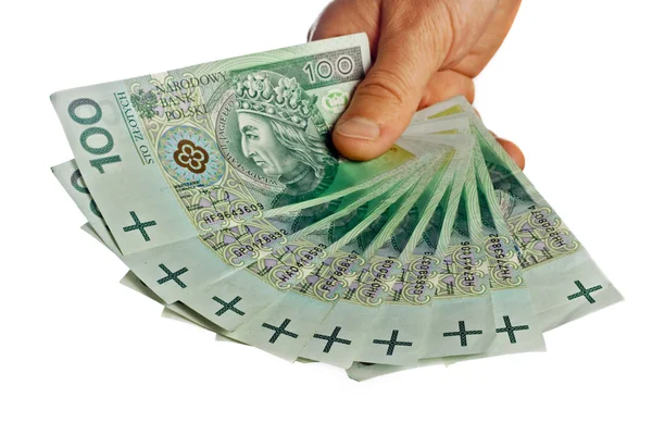 Banconote polacche centinaia in mano — Foto Stock