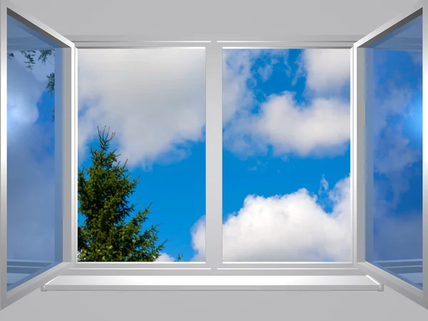 Vista dalla finestra del cielo blu e dell'albero — Foto Stock