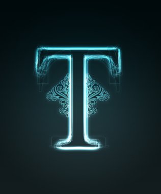 Glowing font. Shiny letter T. clipart
