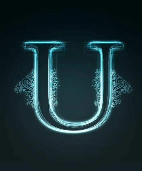 Світловий шрифт. Блискуча літера U . — стокове фото