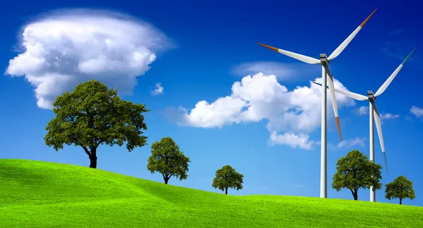 Ферма ветряных турбин на холмах — стоковое фото
