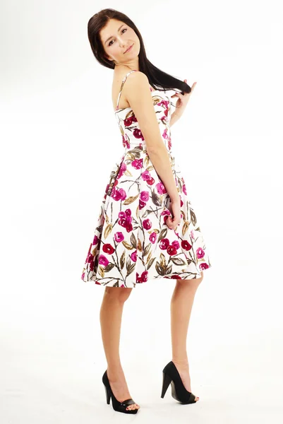 Pěkné půvabná brunetka šaty — Stock fotografie