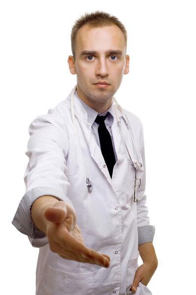 Young male doctor with open helping hand