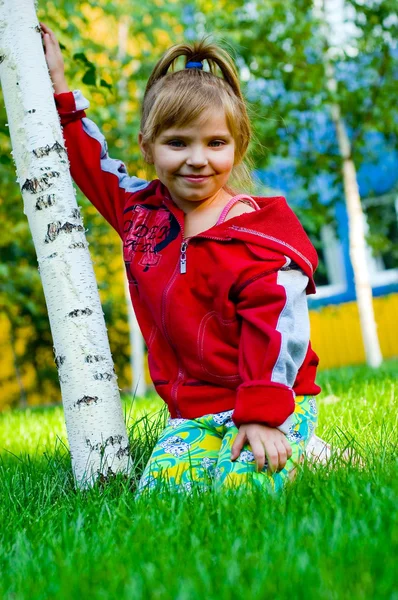 La pequeña chica hermosa en un césped verde — Foto de Stock