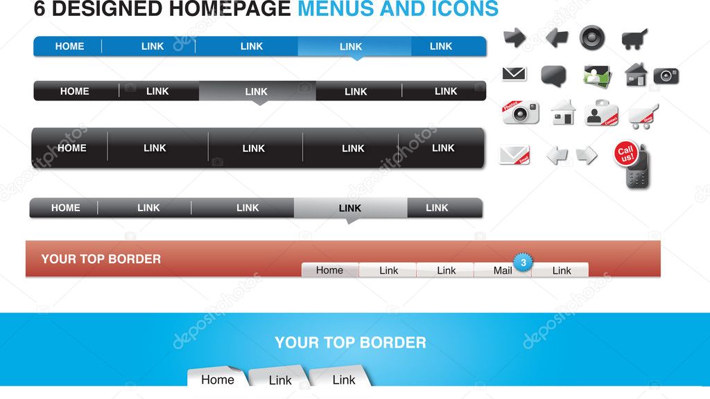 Six designed homepage menus and icons