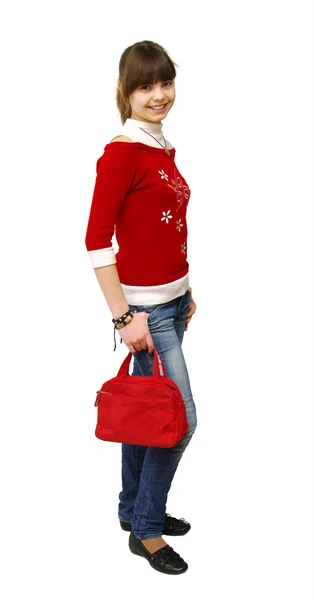La fille joyeuse avec un sac rouge — Photo