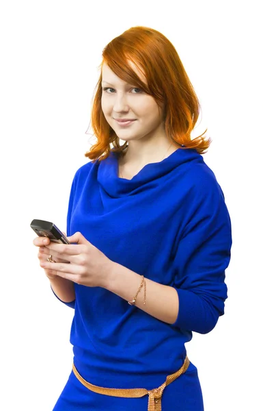 Menina conta por um telefone celular — Fotografia de Stock