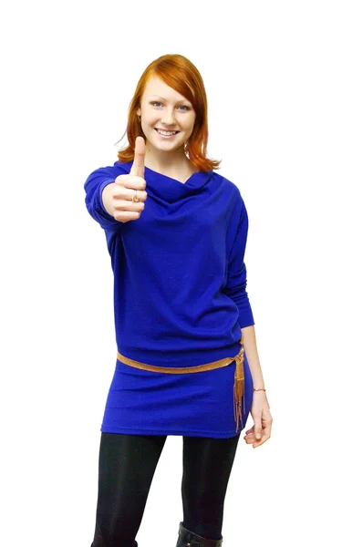 The joyful Girl shows a thumb — Stock Photo, Image