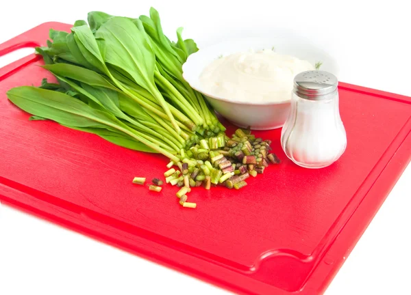 Preparation of salad from a ramson with sour cre — Stock Photo, Image