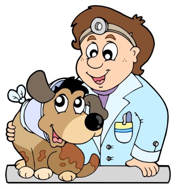 Dog with collar at veterinarian clipart