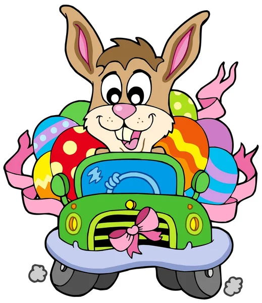 Conejo de Pascua coche de conducción — Vector de stock