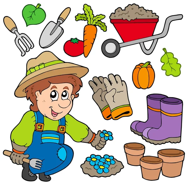 Jardinero con varios objetos — Vector de stock