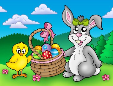 Cute Easter bunny and chicken clipart