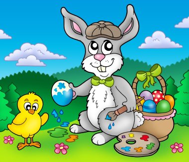 Easter bunny artist and chicken clipart