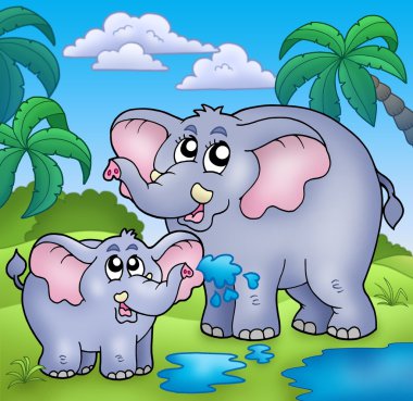 African landscape with elephants clipart