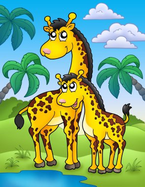 African landscape with giraffes clipart