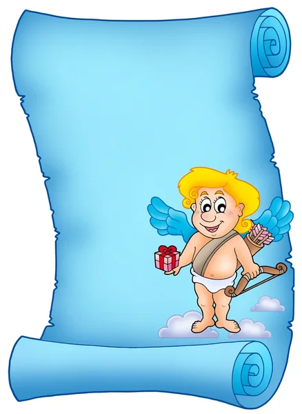 Blå scroll med cupid håller gåva — Stockfoto