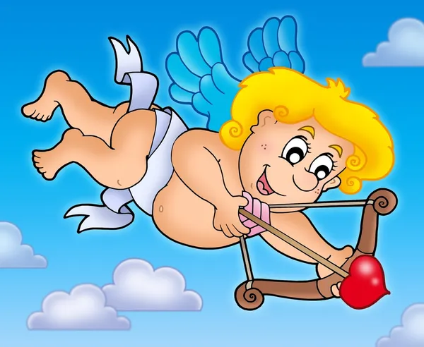 Cupid shooting from bow on sky — Stock Photo, Image