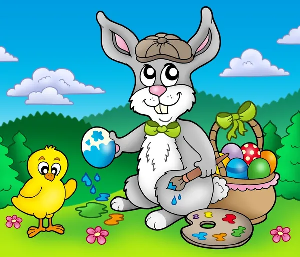 Easter bunny konstnär och kyckling — Stockfoto
