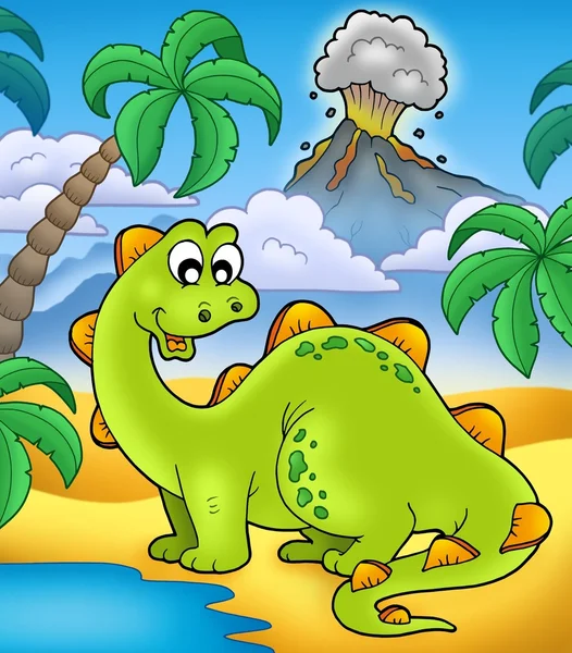 Милый динозавр с вулканом — стоковое фото