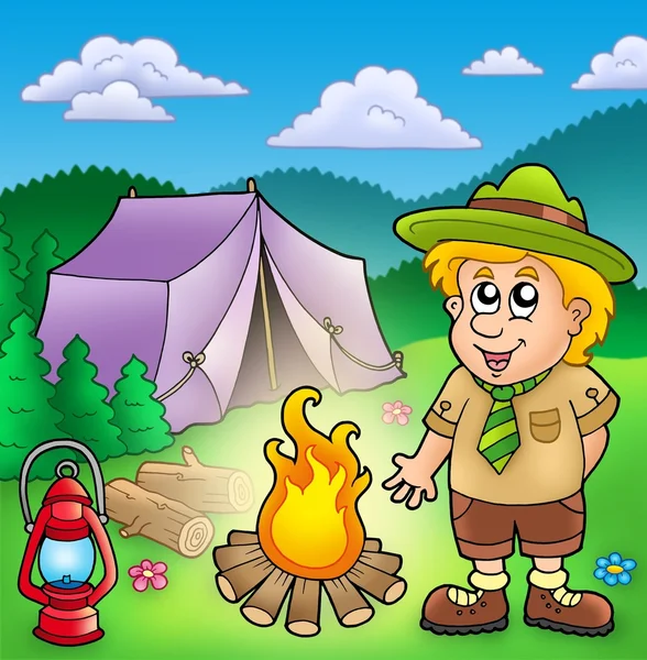Small scout with fire and tent — Stock Photo, Image