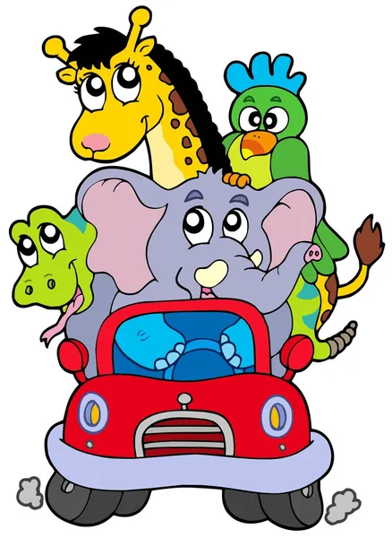 African animals in red car — Stock Vector