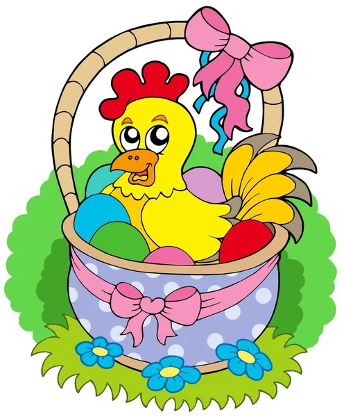 Easter basket with cute chicken — Stock Vector